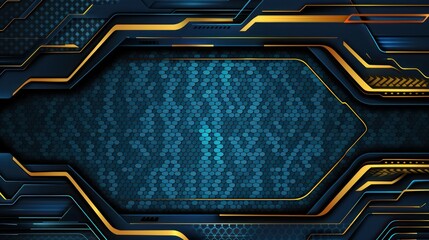 A futuristic blue and gold abstract background with hexagonal patterns and sleek lines.