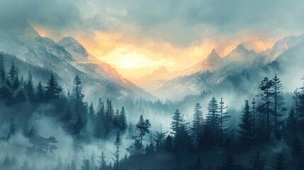 A serene mountain landscape at sunset, enveloped in mist and surrounded by towering trees.