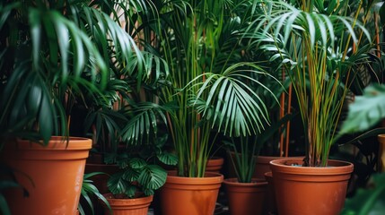 A collection of lush green plants in terracotta pots, creating a vibrant indoor garden atmosphere.