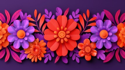 A vibrant floral arrangement featuring 3D-style flowers and leaves in shades of red, purple, and orange.