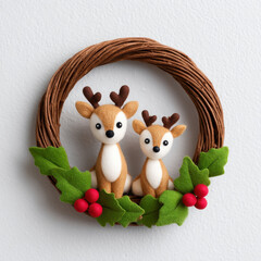Cute wreath decorated with felt holly leaves and red berries featuring two adorable animal reindeer figures for festive decor