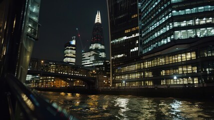 Night view of modern buildings along a river, showcasing urban architecture and city lights.