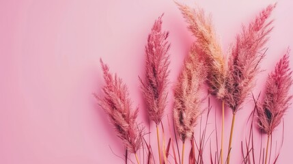 Aesthetic arrangement of pink pampas grass against a soft pink background, creating a vibrant and trendy look.