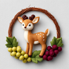 Charming wreath decorated with felt leaves and grapes surrounds cute animal figure of deer bringing warm and joyful feeling