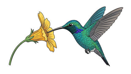 Obraz premium A vibrant hummingbird with iridescent green and blue plumage hovers mid-air, its long beak inserted into a bright yellow flower to feed on nectar.