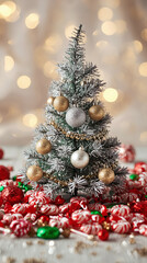 Elegant holiday scene featuring a mini Christmas tree and colorful red white and green candy decorations.