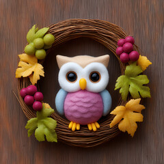 Autumn wreath decorated with colorful leaves and berries surrounding cute animal owl figure on wooden background