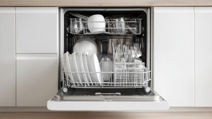 Open dishwasher showing neatly arranged dishes in kitchen. AI image