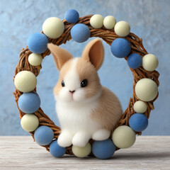 Cute animal bunny sitting inside wreath decorated with blue and cream felt balls on wooden surface with soft background