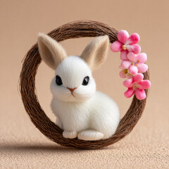 Cute white animal sits inside decorated wreath adorned with pink flowers creating charming and delicate scene full of warmth and softness