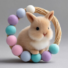 Soft bunny sitting inside wreath decorated with pastel colored balls creating charming animal scene full of gentle and cozy vibes