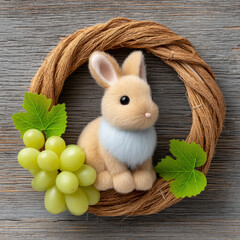Soft animal figure resembling rabbit is placed inside wreath decorated with green leaves and grapes creating charming natural display