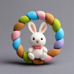 Colorful wreath decorated with cute animal bunny center wearing bow tie creating charming and festive decoration for spring or Easter celebration
