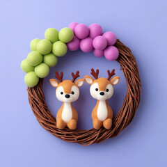 Cute wreath decorated with colorful felt balls and two adorable animal figures creating charming and playful decoration for any space