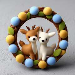 Two adorable animal figures inside wreath decorated with colorful felt balls and green leaves creating charming and festive display