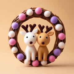 Soft reindeer animal figures sit inside decorated wreath adorned with pink, white, and purple balls creating charming festive holiday display