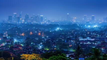A serene cityscape at twilight, showcasing urban lights and a misty atmosphere.