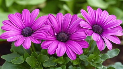 Three vibrant purple flowers with broad petals, showcasing nature's beauty.