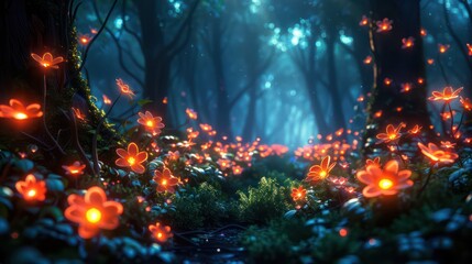 A serene forest path illuminated by glowing flowers, creating a magical atmosphere.