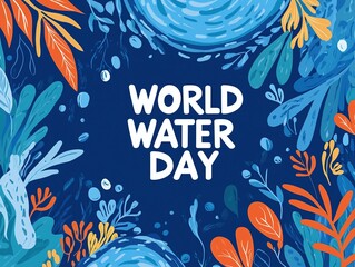 World Water Day natural design with bold white text, multicolor leaves and water elements on deep blue background for environmental advocacy