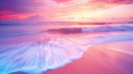 A serene beach sunset with gentle waves and vibrant colors reflecting on the water.