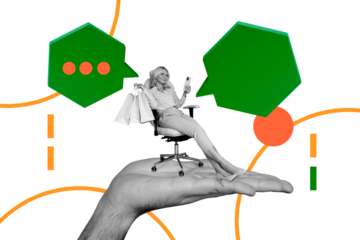 Creative collage picture young businesswoman shopaholic black friday consumerism textbox communication phrase speech armchair director