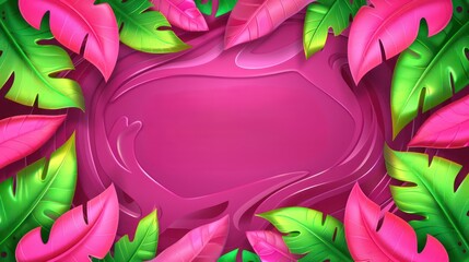 A vibrant, tropical-themed background featuring colorful leaves and a pink center for design purposes.