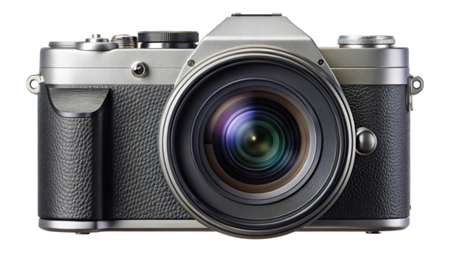 Close-up view of a vintage silver and black mirrorless digital camera with a prominent lens