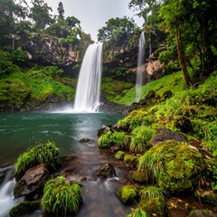 Fototapeta premium Lush waterfall cascading into a tranquil pool, surrounded by verdant, mossy rocks and dense forest