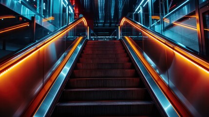 A vibrant escalator illuminated with orange and blue lights, leading upwards in a modern urban setting.