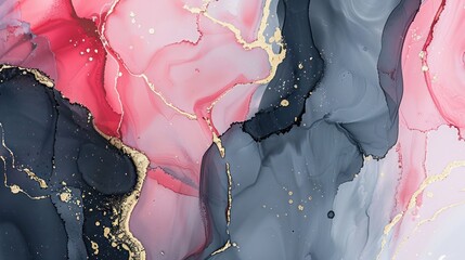 A vibrant abstract artwork featuring fluid shapes in pink, gray, and gold tones.