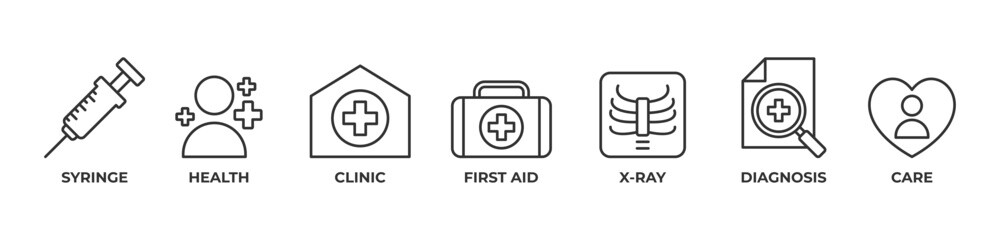 The Journey of Health and Care Icons set vector illustration with outline Syringe, Health, Clinic, First aid, X ray,  Diagnosis, Care