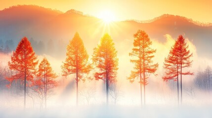 A serene sunrise over misty mountains with silhouetted trees, creating a tranquil and inspiring landscape.