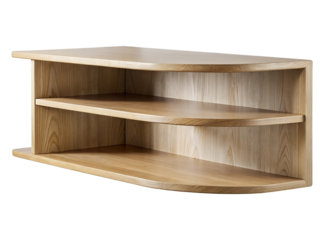 Minimalist wooden corner shelf unit with two tiers for display and storage