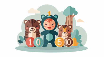 Obraz premium Adorable Child And Two Bears With Numbers In A Flat Design