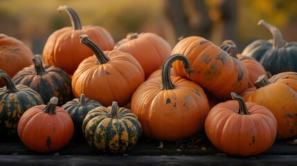 Autumn's Bounty: A vibrant collection of pumpkins of varied shapes and sizes, embodying the essence of the harvest season, radiates warmth and rustic charm.