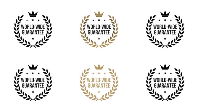 Elegant gold laurel wreath emblem with crown and stars, showcasing 'WORLD-WIDE GUARANTEE' for ultimate trust and quality assurance.