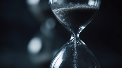 A close up view of an hourglass with dark sand flowing through its narrow neck symbolizing the passage of time