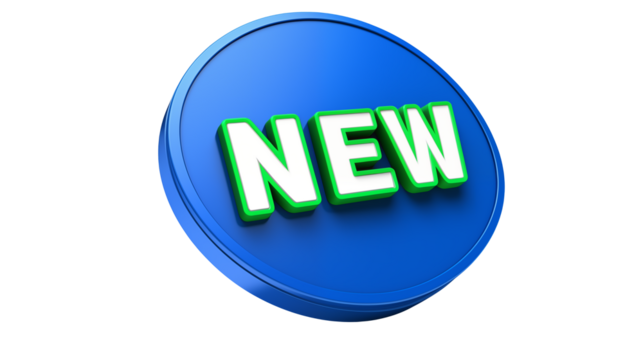 Bold 3D 'NEW' icon with vibrant green and white lettering on a striking blue circular badge, perfect for product launches and announcements.