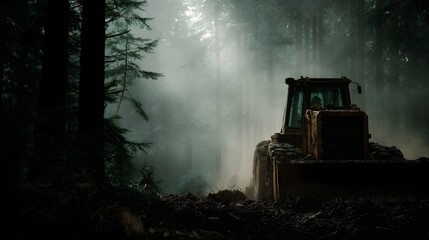 Heavy yellow bulldozer pushing mud and debris in a dense atmospheric forest with dramatic lighting