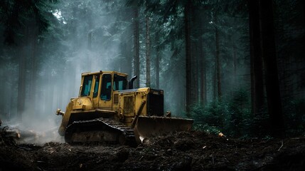 Yellow bulldozer working in a misty forest clearing trees and ground