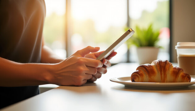 Morning coffee online payment with smartphone beside croissant and paper cup on bright cafe table. Mobile banking and breakfast purchase in daylight.