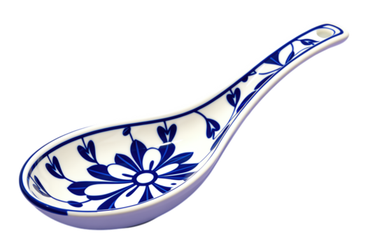 Blue Floral Spoon with Transparent Background, Ceramic Design Element
