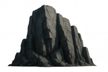 Rock formation depicting a rustic stone cliff, steep mountainside, and textured surface. Transparent background