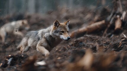 Alert wild wolves in motion through rugged debris strewn forest terrain