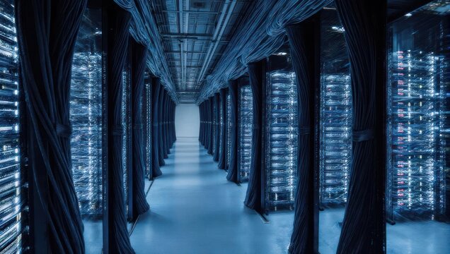Long server room hallway with rows of data racks and bundles of black cables