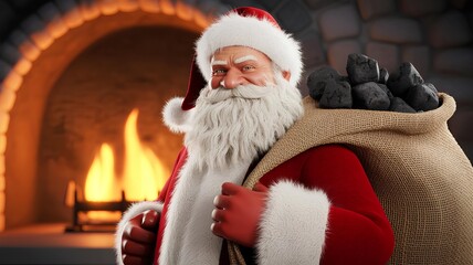 Santa with Bad Expression Carrying Coal Sack near a Fireplace during Christmas