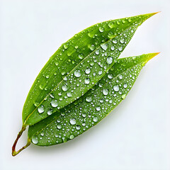Fresh bamboo leaves having water drops on surface