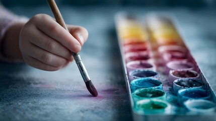 Close up of a child s hand holding a paintbrush making art with colorful watercolors in a palette