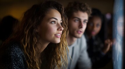Obraz premium Young diverse group intently watches illuminated digital screen